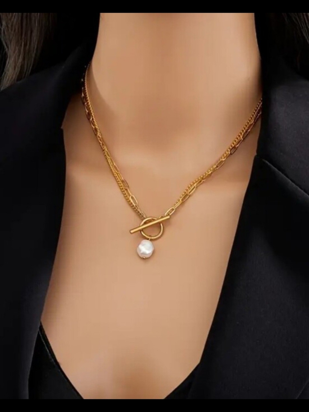 Gold Pearl Toggle Necklace - Women Jewelry